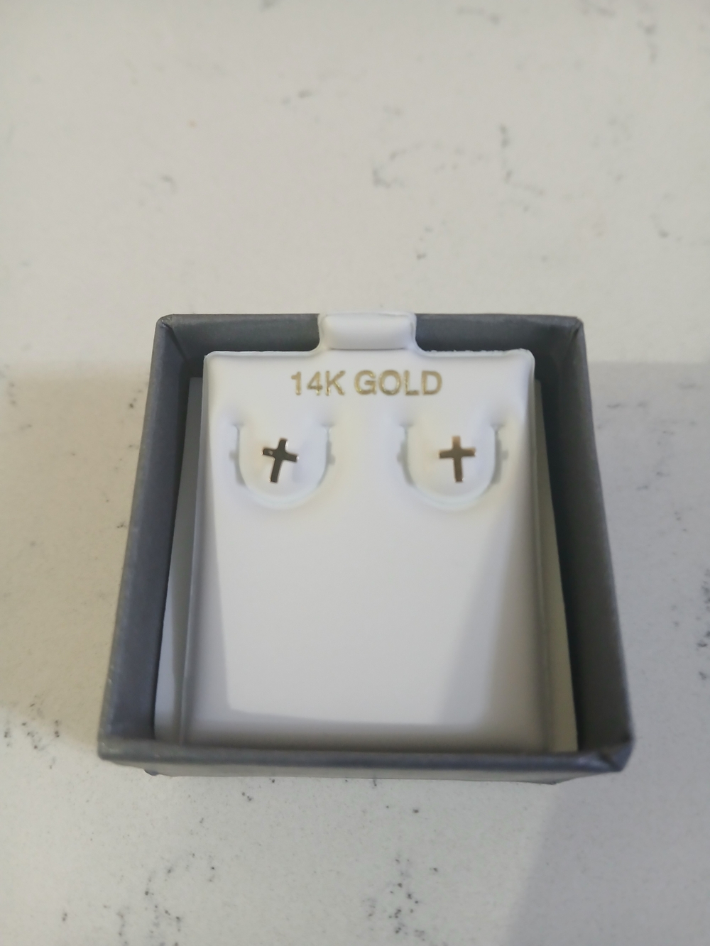 14K Gold Kids Cross Stud Earrings - White Display